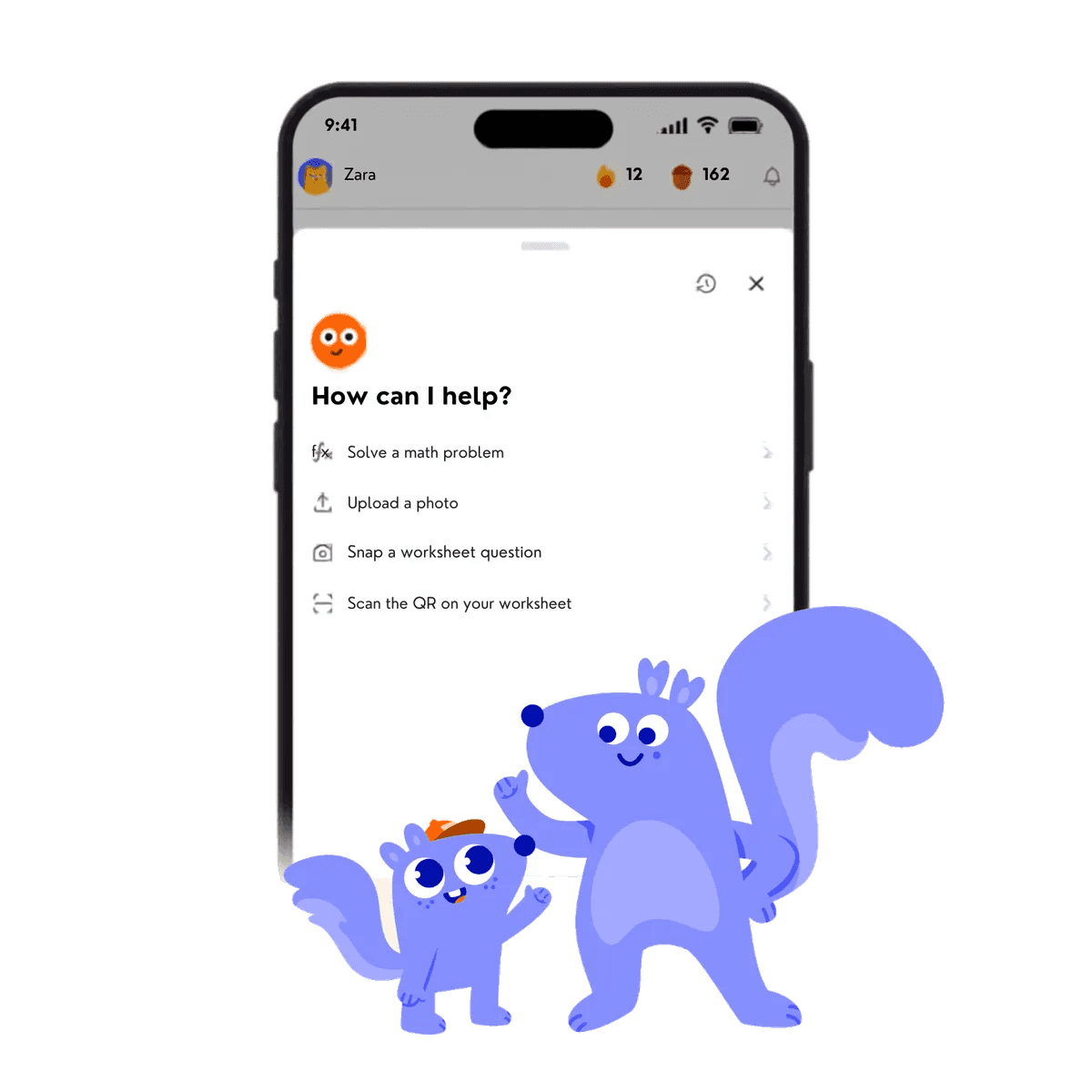 The Tupai app open on a phone, with the two Tupai squirrel characters beside it